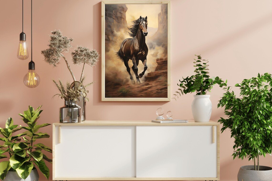 Wild Horse Galloping Desert Canyon Western Equine Oil Painting Print - Image 3
