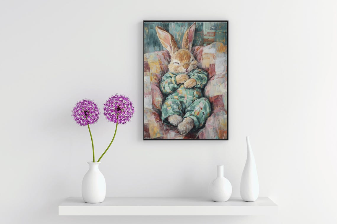 Bunny In Green Plaid Pajamas On Patchwork Quilt Vintage Art Poster - Image 3