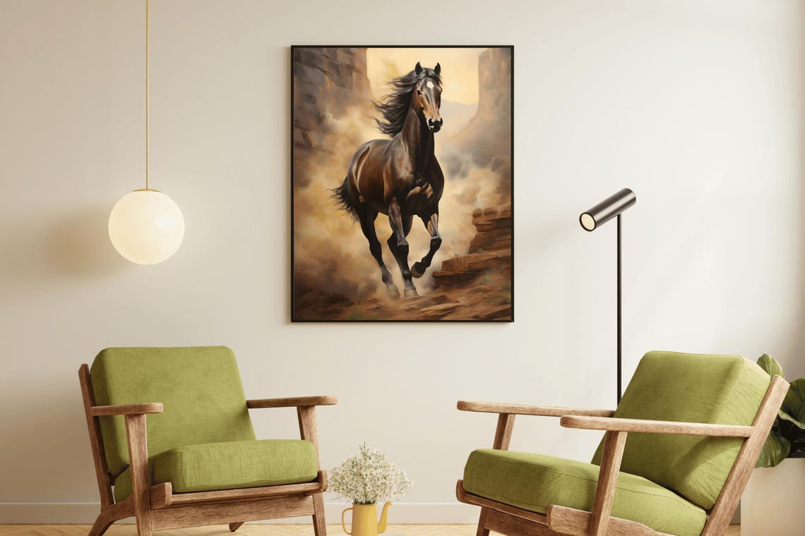 Wild Horse Galloping Desert Canyon Western Equine Oil Painting Print - Image 2