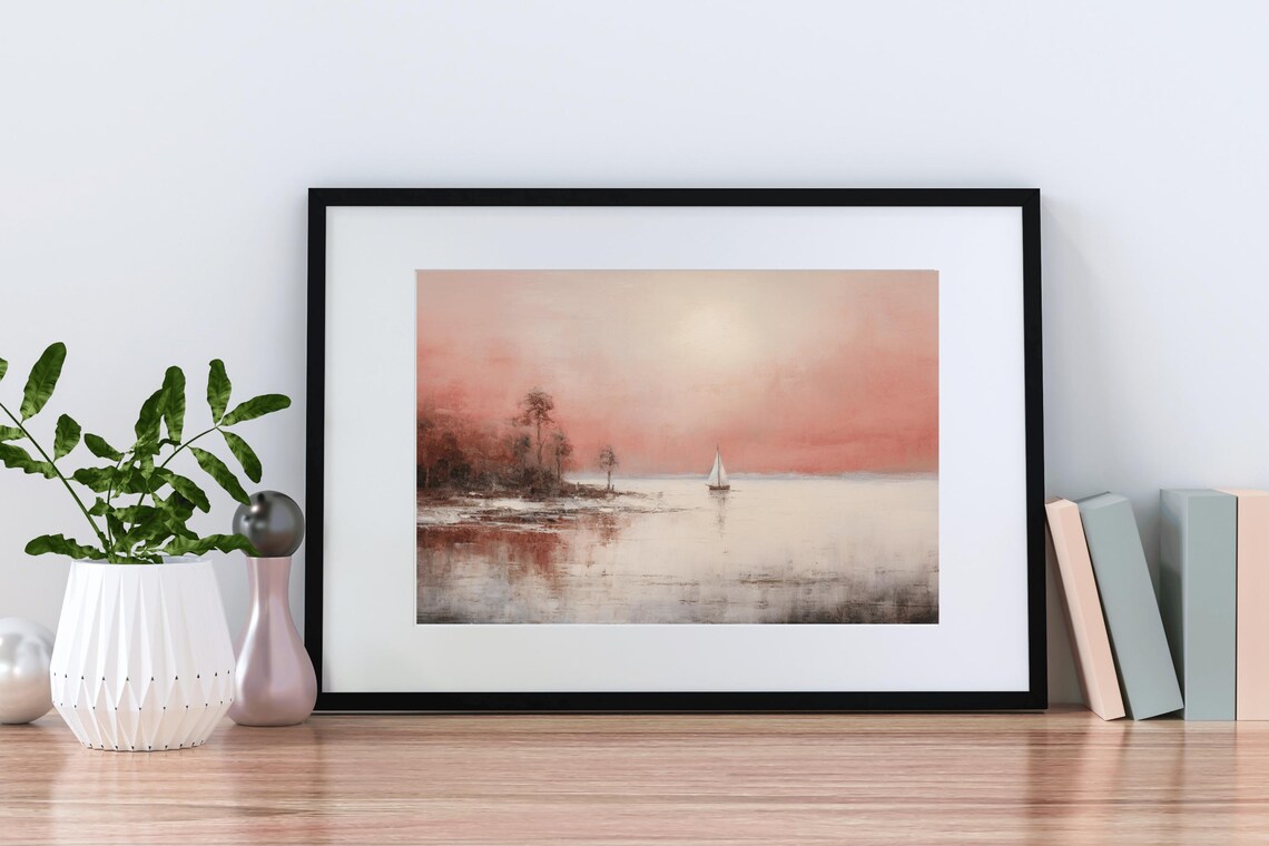 Sailboat Pink Sunset Calm Sea Vintage Oil Painting Coastal Poster - Image 2