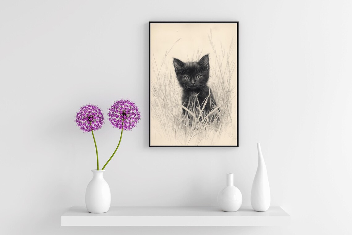 Cute Black Kitten In Tall Grass Pencil Sketch Nursery Cat Lover Wall Art Poster - Image 2
