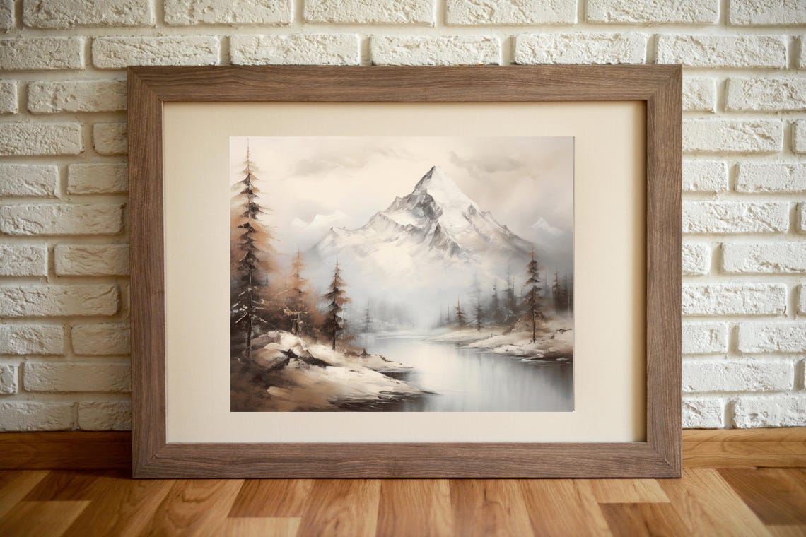 Snowcapped Peak Calm Lake Pines Vintage Sepia Oil Painting Print - Image 4