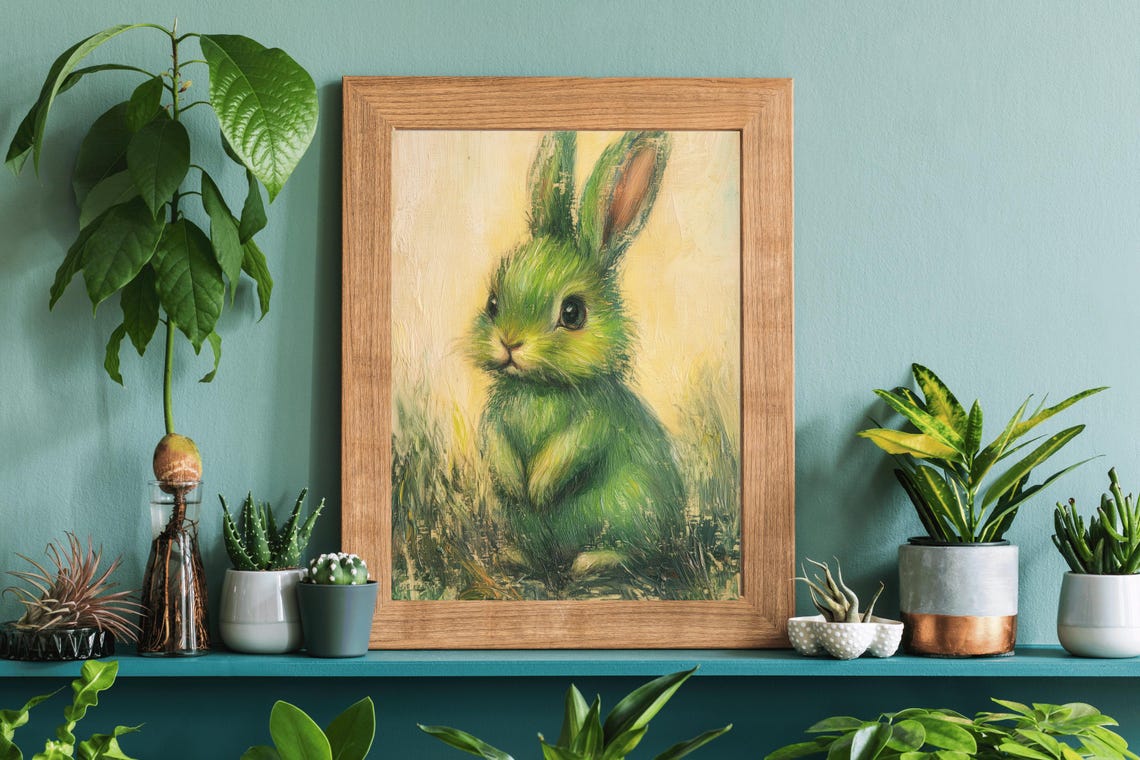 Green Bunny Whimsical Oil Painting Cute Nursery Animal Wall Art - Image 5