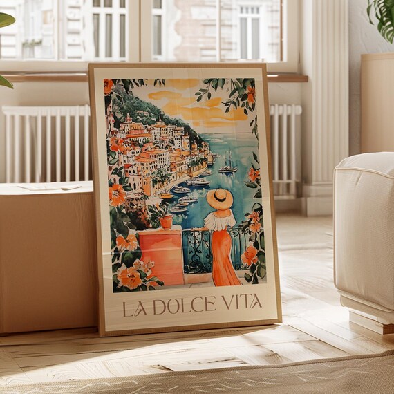 La Dolce Vita Amalfi Coast Sunset Watercolor Travel Wall Poster