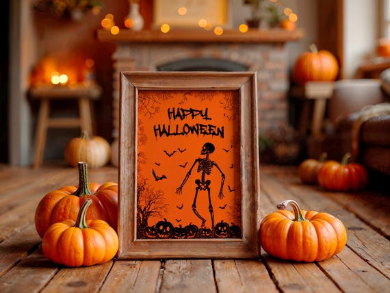 Happy Halloween Poster With Dancing Skeleton Bats And Pumpkins On Orange