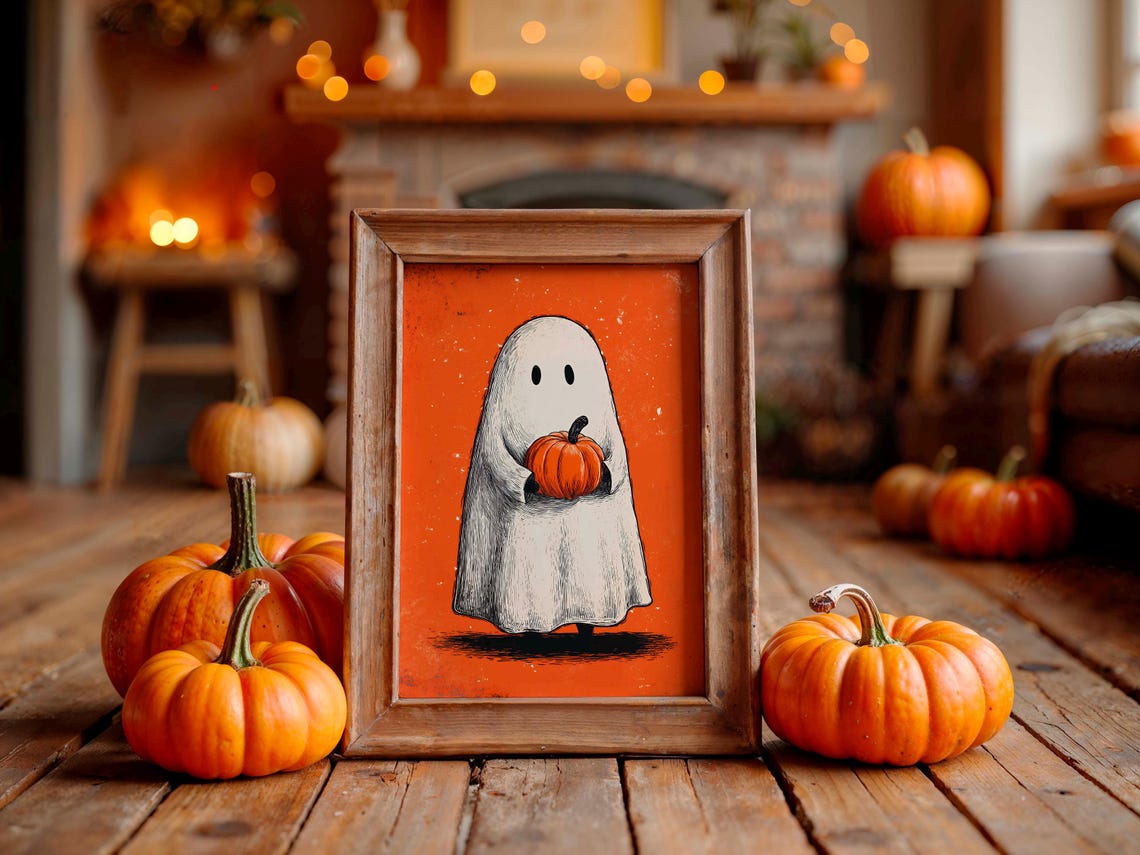 Cute Ghost Holding Pumpkin on Orange Background Halloween Poster