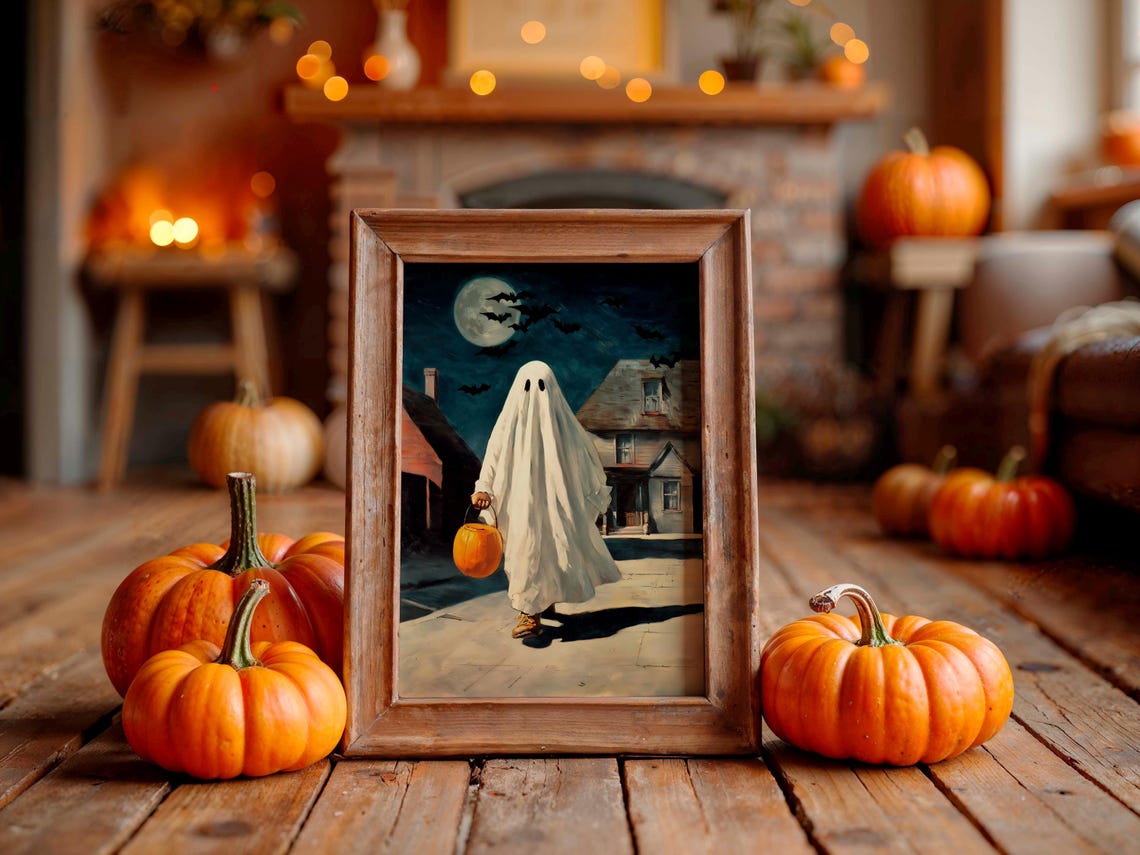 Ghost Trick or Treater Pumpkin Pail Village Moon Bats Poster