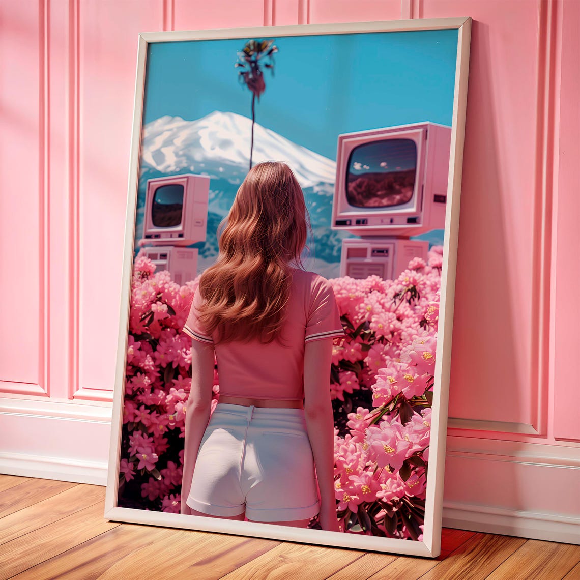 Surreal Pink Retro Future Poster Woman Flowers CRT Screens Mountain