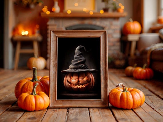 Glowing Jack O Lantern Witch Hat Poster Dark Moody Photo Art