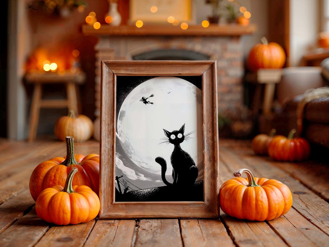 Black Cat Silhouette Under Full Moon With Flying Witch Poster