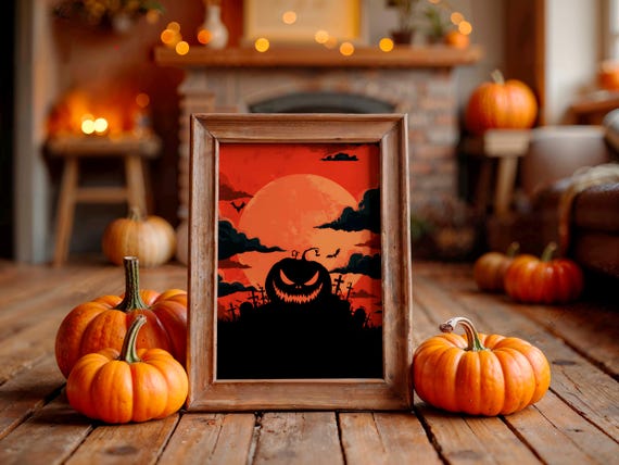 Scary Jack-o'-Lantern Halloween Poster Under Giant Orange Blood Moon
