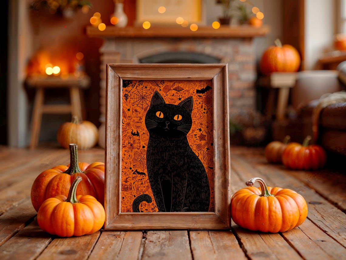 Black Cat Halloween Poster With Yellow Eyes On Orange Doodle Background