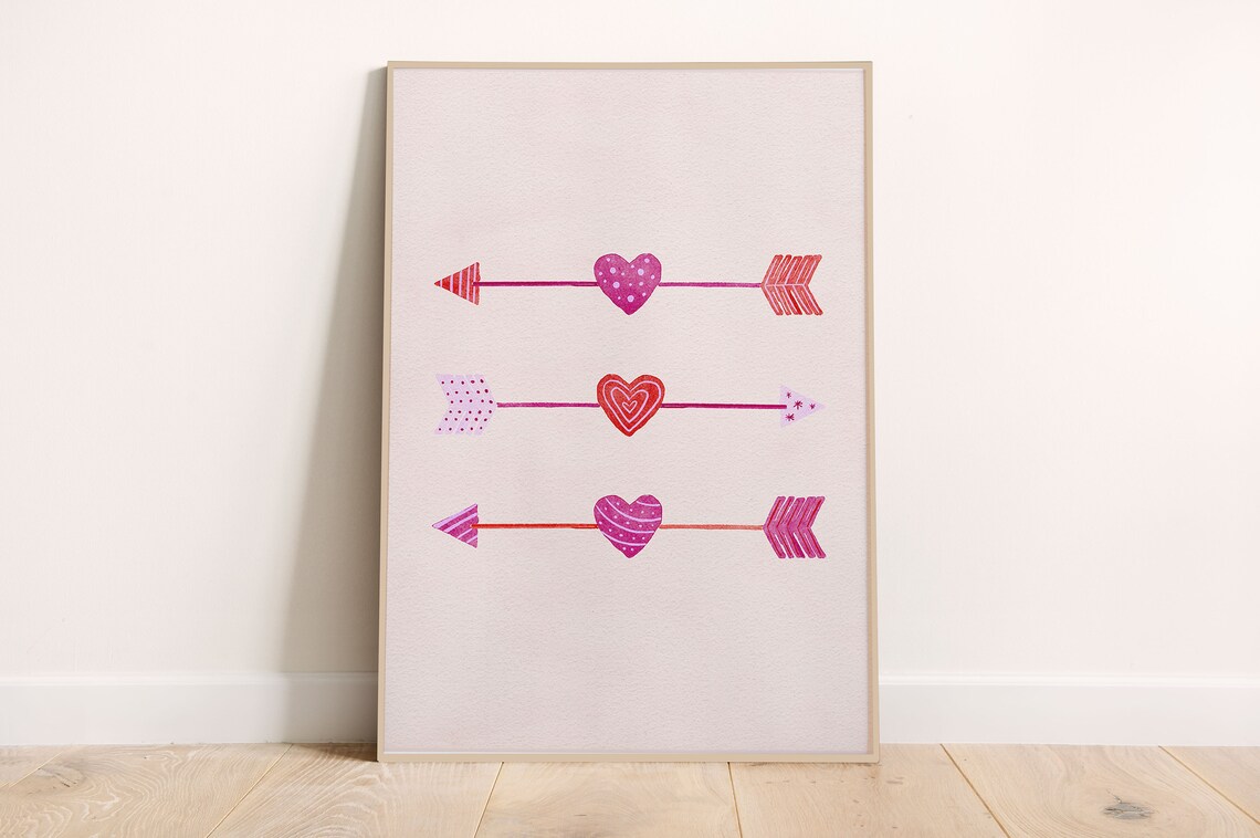Watercolor Heart Arrows Valentine Sweet Pink Red Love Wall Art