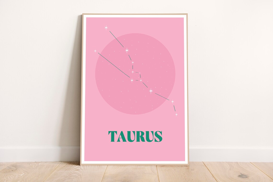 Taurus Zodiac Constellation Pink Stars Green Text Astrology Poster