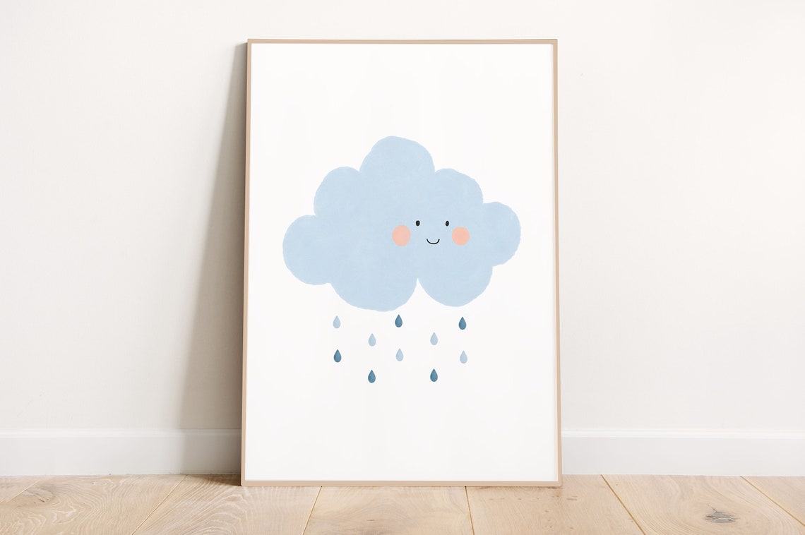 Cute Smiling Rain Cloud Nursery Baby Shower Boho Kids Wall Art