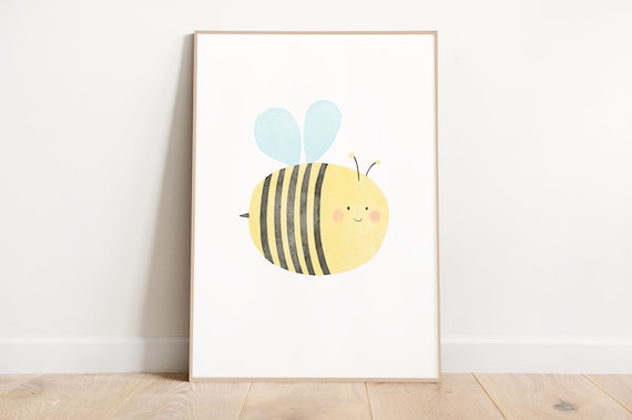 Happy Cute Smiling Bee Watercolor Kids Nursery Pastel Wall Art