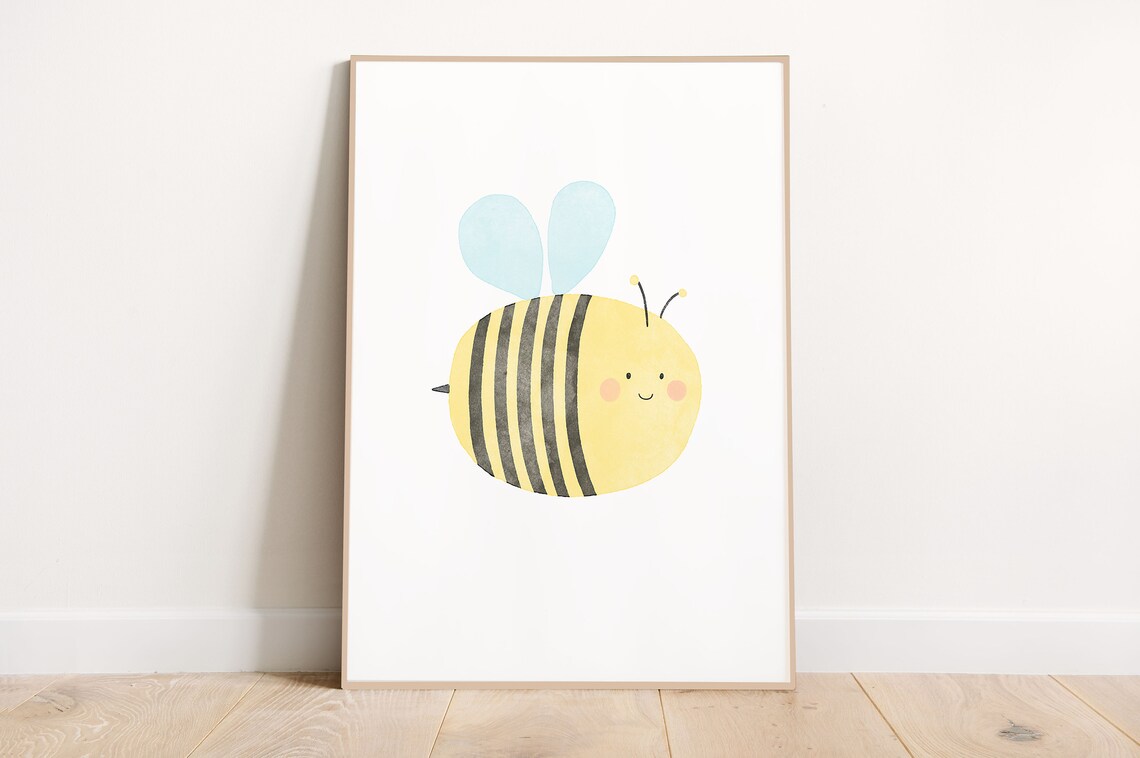 Happy Cute Smiling Bee Watercolor Kids Nursery Pastel Wall Art