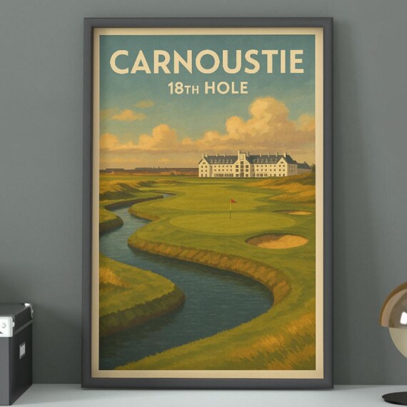 Carnoustie 18th Hole Scottish Links Burn Clubhouse Vintage Poster