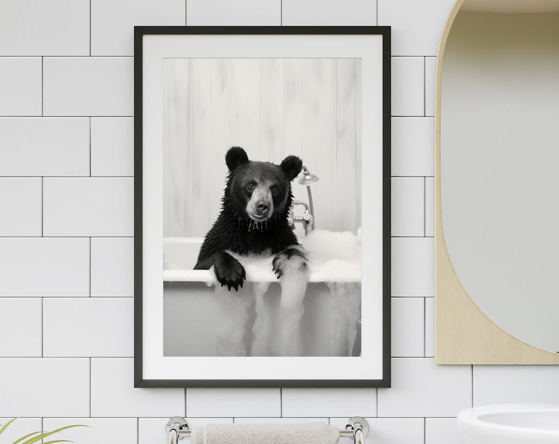 Black Bear In Bathtub Art Print, Funny Bathroom Decor