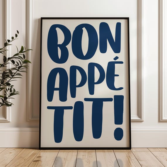 Bon Appetit Poster Trendy Typography Print Cute French Quote Kitchen Wall Art Red Maximalist Decor Blue Navy 2542