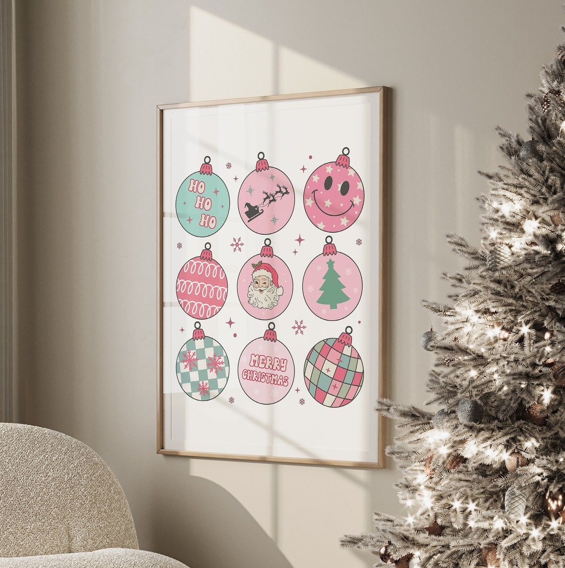 Nine Pastel Christmas Baubles Retro Holiday Ornament Wall Poster