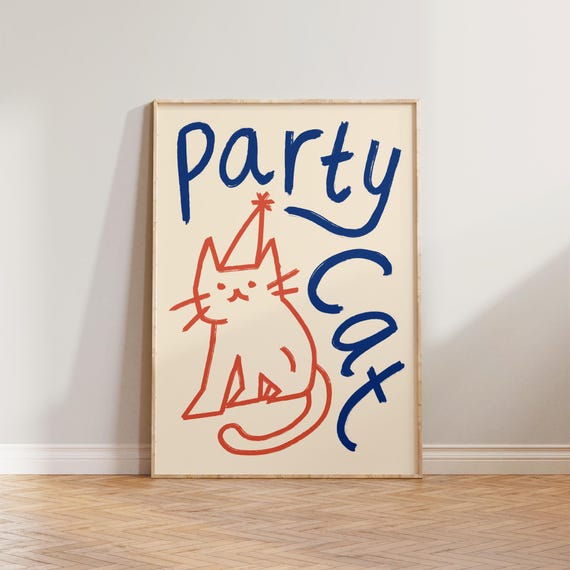 Cat Wall Art Funny Illustration Poster, Kitchen Party Doodle