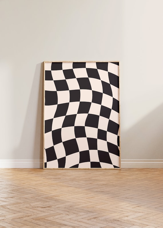 Checkered Abstract Wavy Black-White Wall Art Print