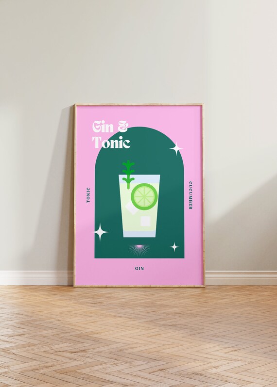 Gin and Tonic Retro Cocktail Poster Pink Green Bar Cart Decor
