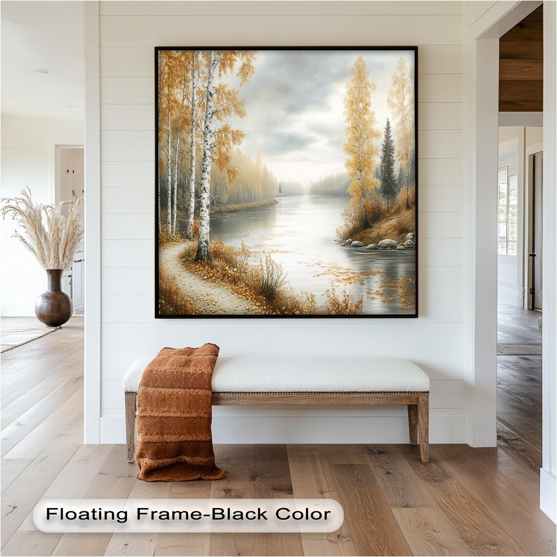 Golden Autumn Landscape, Tranquil River Scene Art Print - Image 4