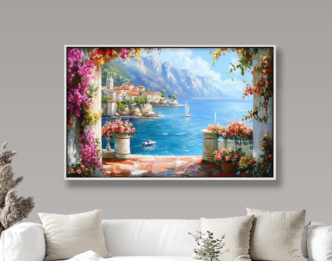 Mediterranean Seaside Oil Painting, Coastal Landscape Art Print