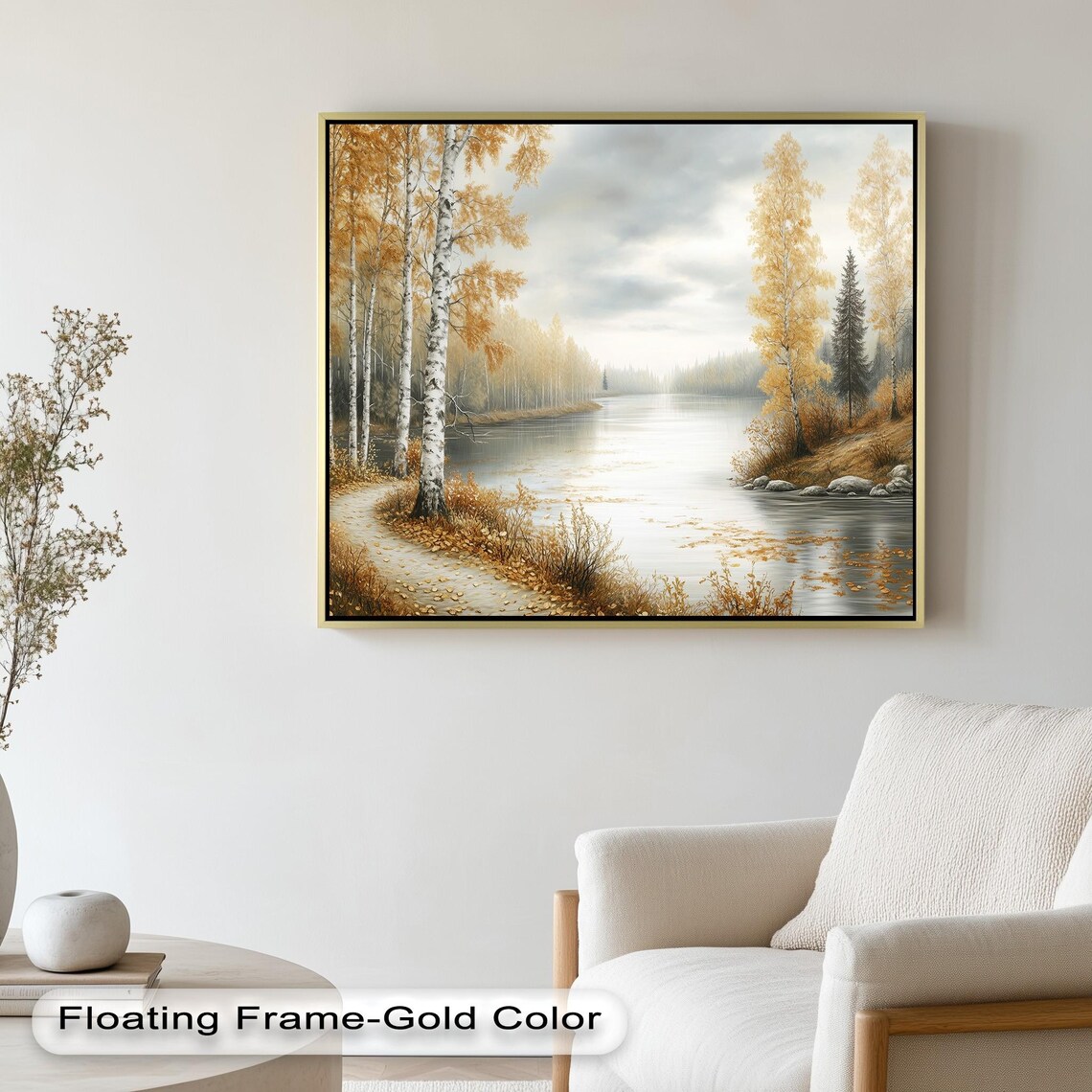 Golden Autumn Landscape, Tranquil River Scene Art Print - Image 2