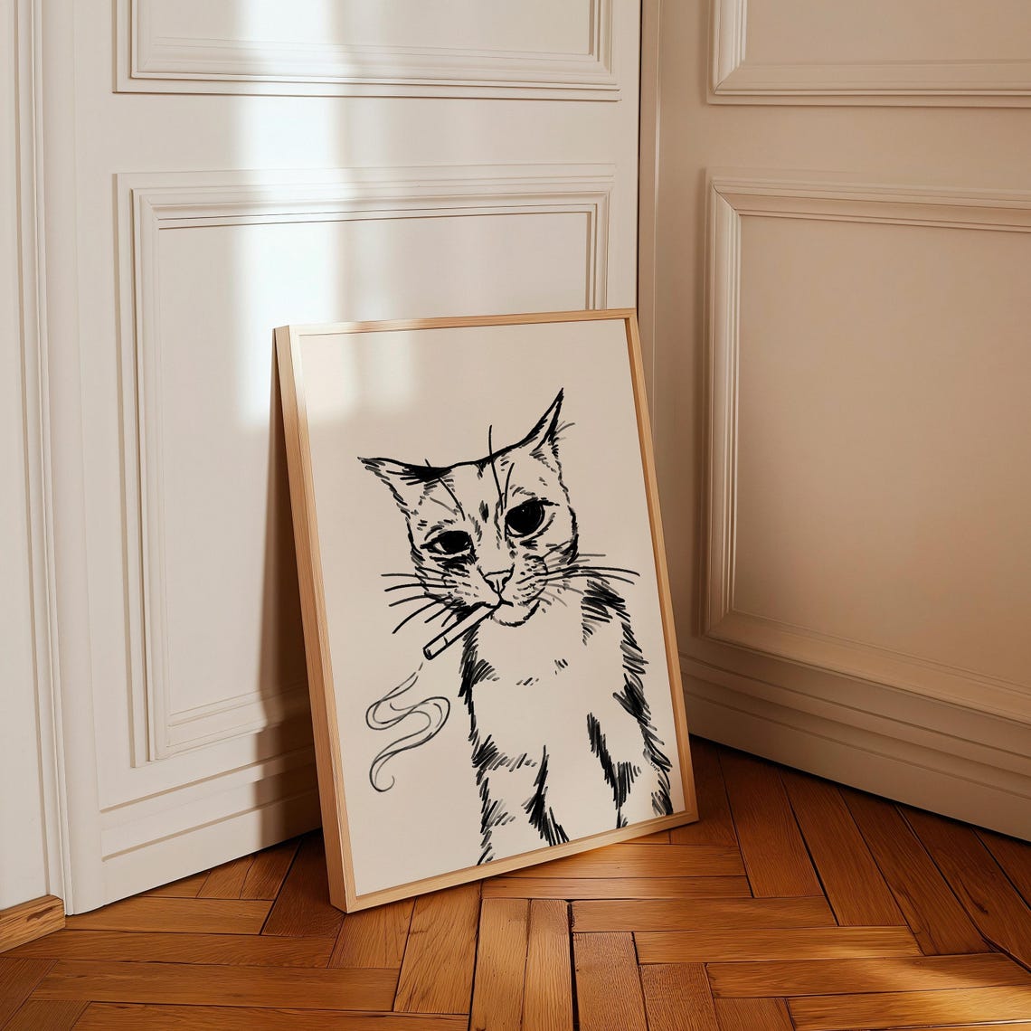 Smoking Cat Funny Retro Ink Sketch Portrait Trendy Cool Cat Wall Art - Image 4