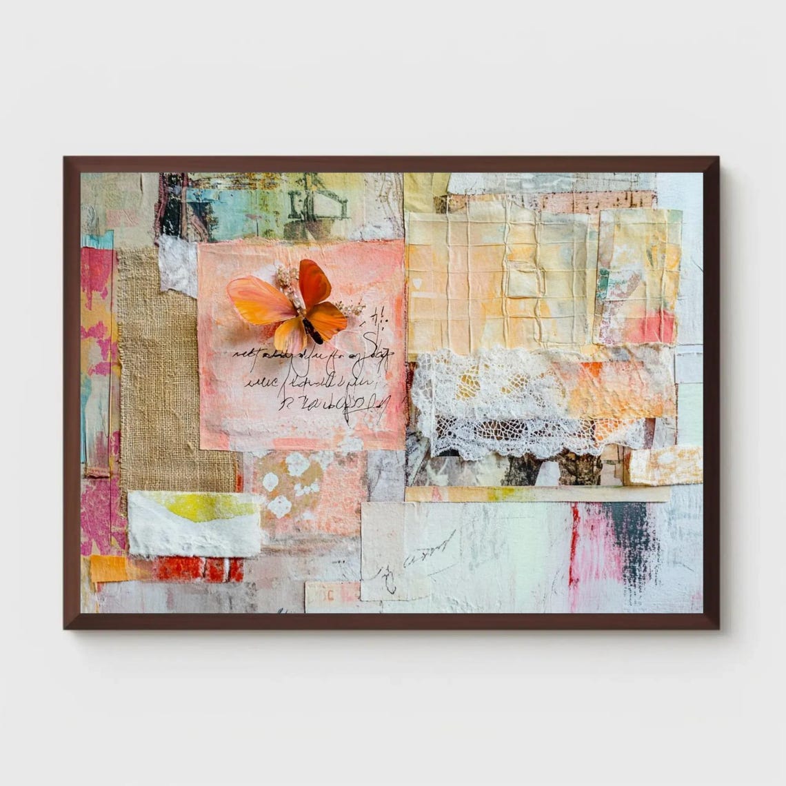 Orange Butterfly Mixed Media Collage with Burlap and Lace Art Poster