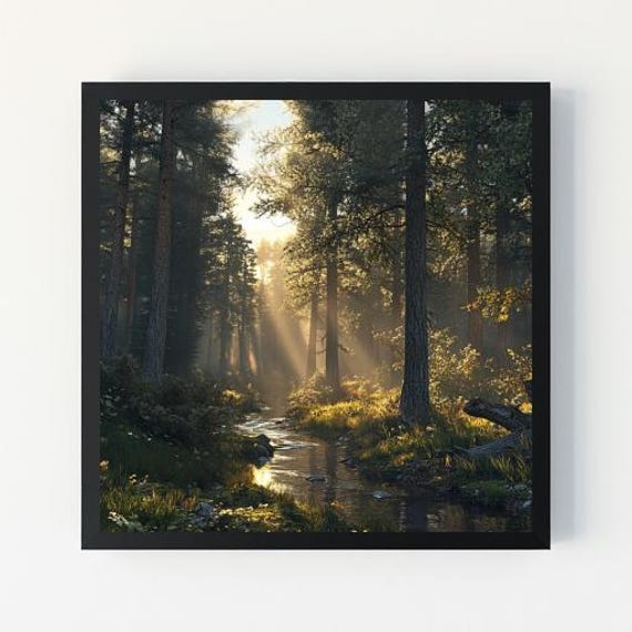 Serene Forest Sunrise Wall Art Tranquil Nature Scene Print Peaceful Woodland Decor Instant For Home Office