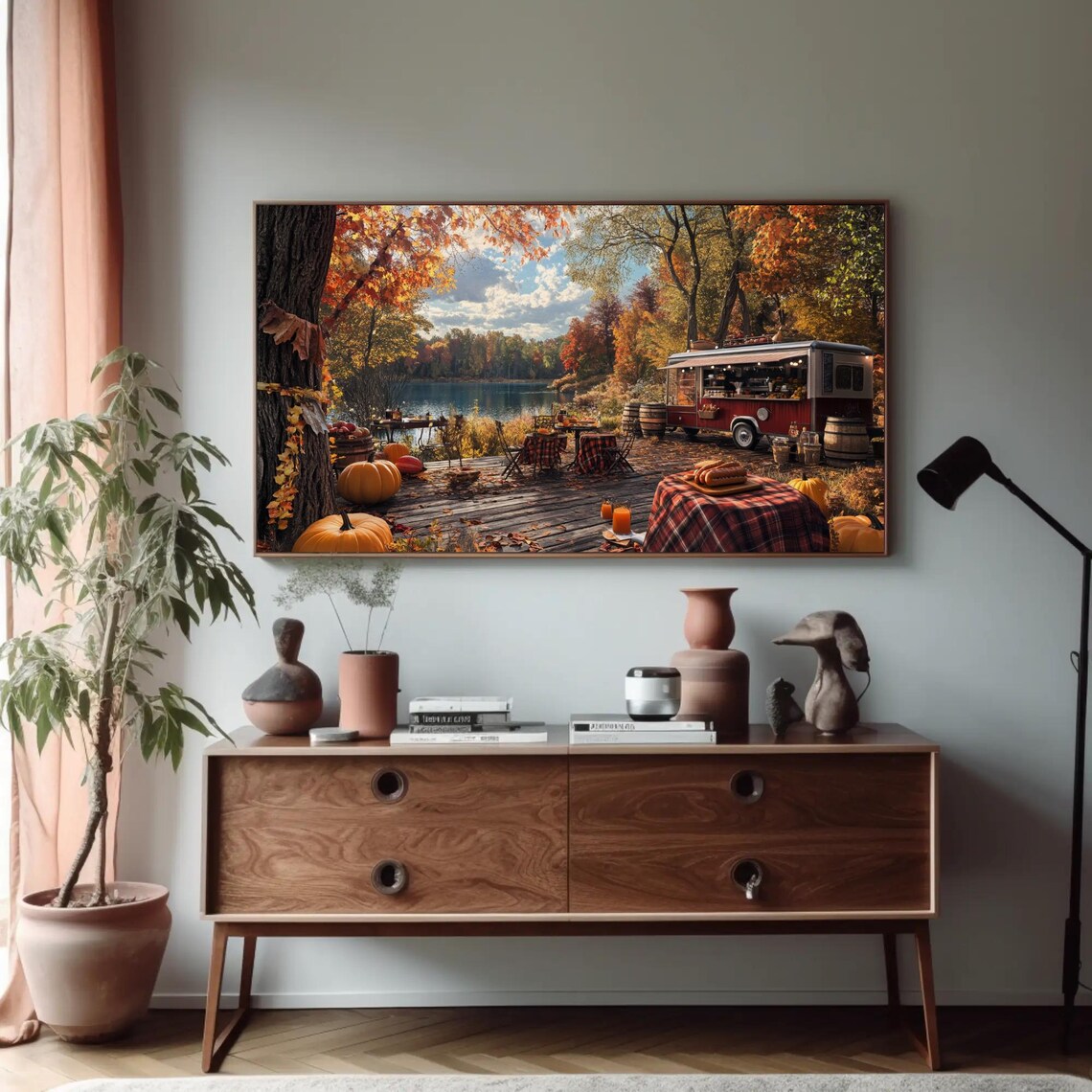 Autumn Lakeside Red Food Truck Pumpkin Picnic Fall Foliage Poster - Image 4
