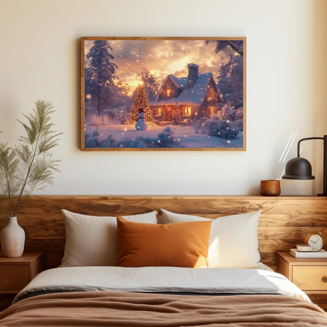 Snowy Christmas Cabin Snowman Lit Tree Winter Evening Poster - Image 3