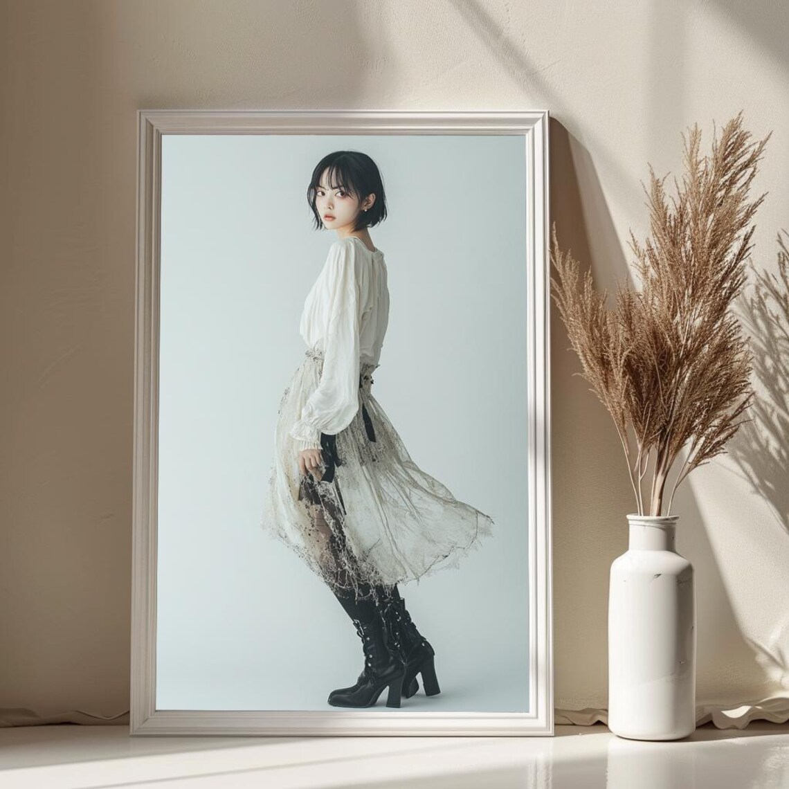 Elegant Woman White Blouse Flowing Skirt Fashion Photo Poster - Image 4