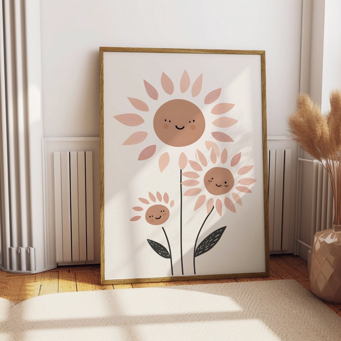 Smiling Sunflower Family Poster Cute Blush Nursery Kids Room Art
