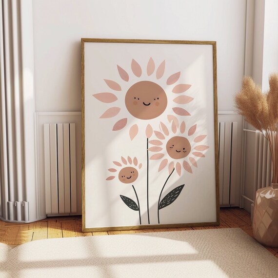 Cute Sunflower Family Wall Art Kids Room Decor Nursery Print Adorable Unframed Poster Playroom Decoration Happy Flower Artwork