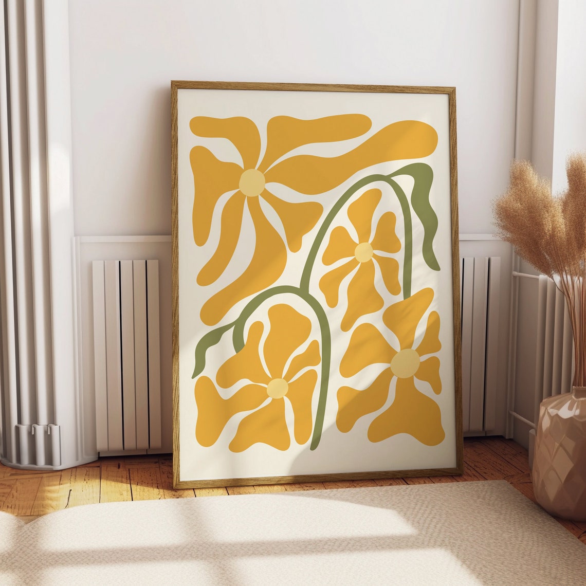 Yellow Abstract Flowers Art Green Stems Modern Botanical Wall Poster
