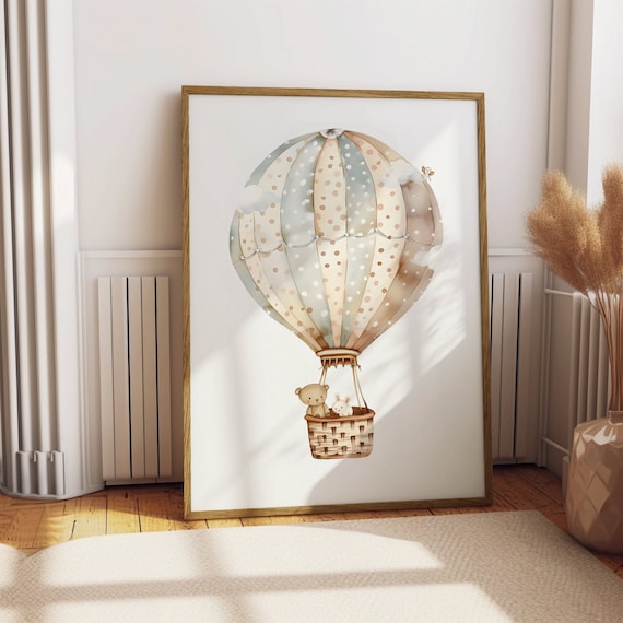 Watercolor Hot Air Balloon with Teddy Bear Bunny Nursery Poster