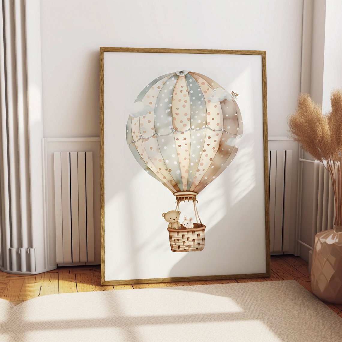 Watercolor Hot Air Balloon with Teddy Bear Bunny Nursery Poster
