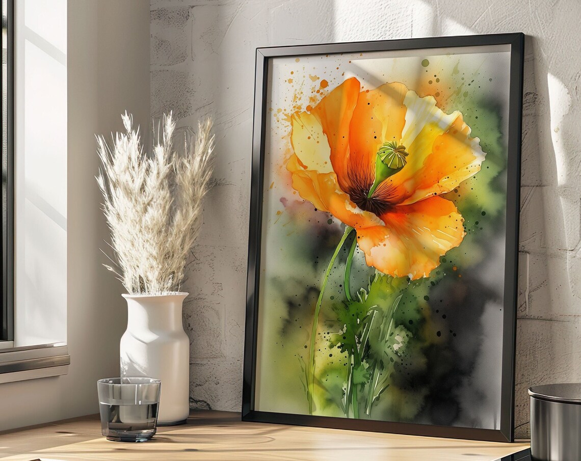 Golden California Poppy Bloom Watercolor Orange Flower Art Poster