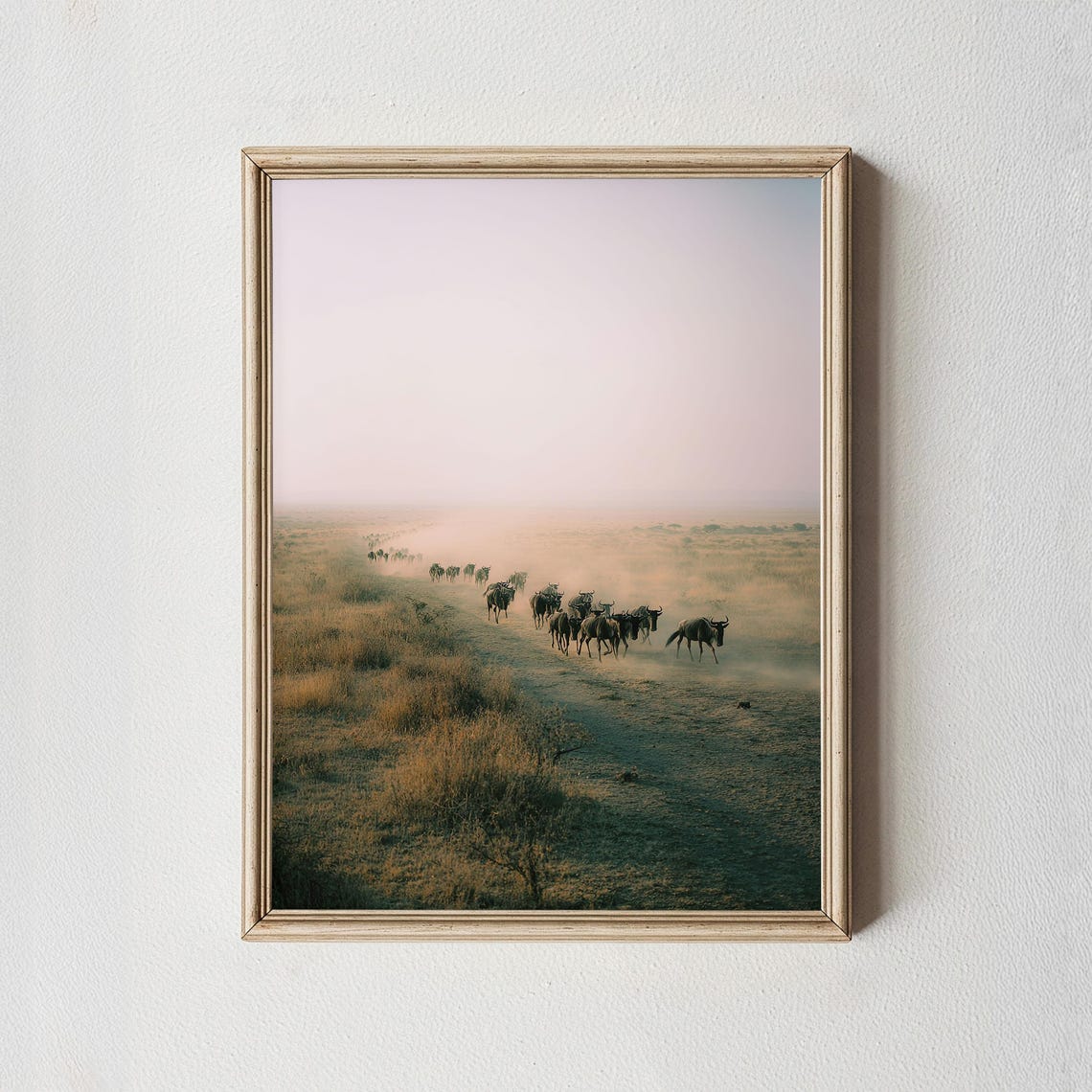 Wildebeest Migration African Safari Sunset Dusty Plain Wall Art