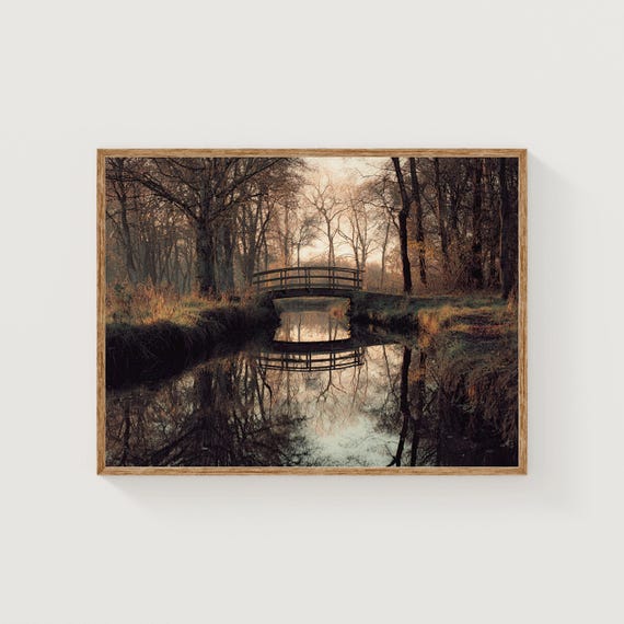 Autumn Landscape Photography Print Wooden Bridge River Reflection