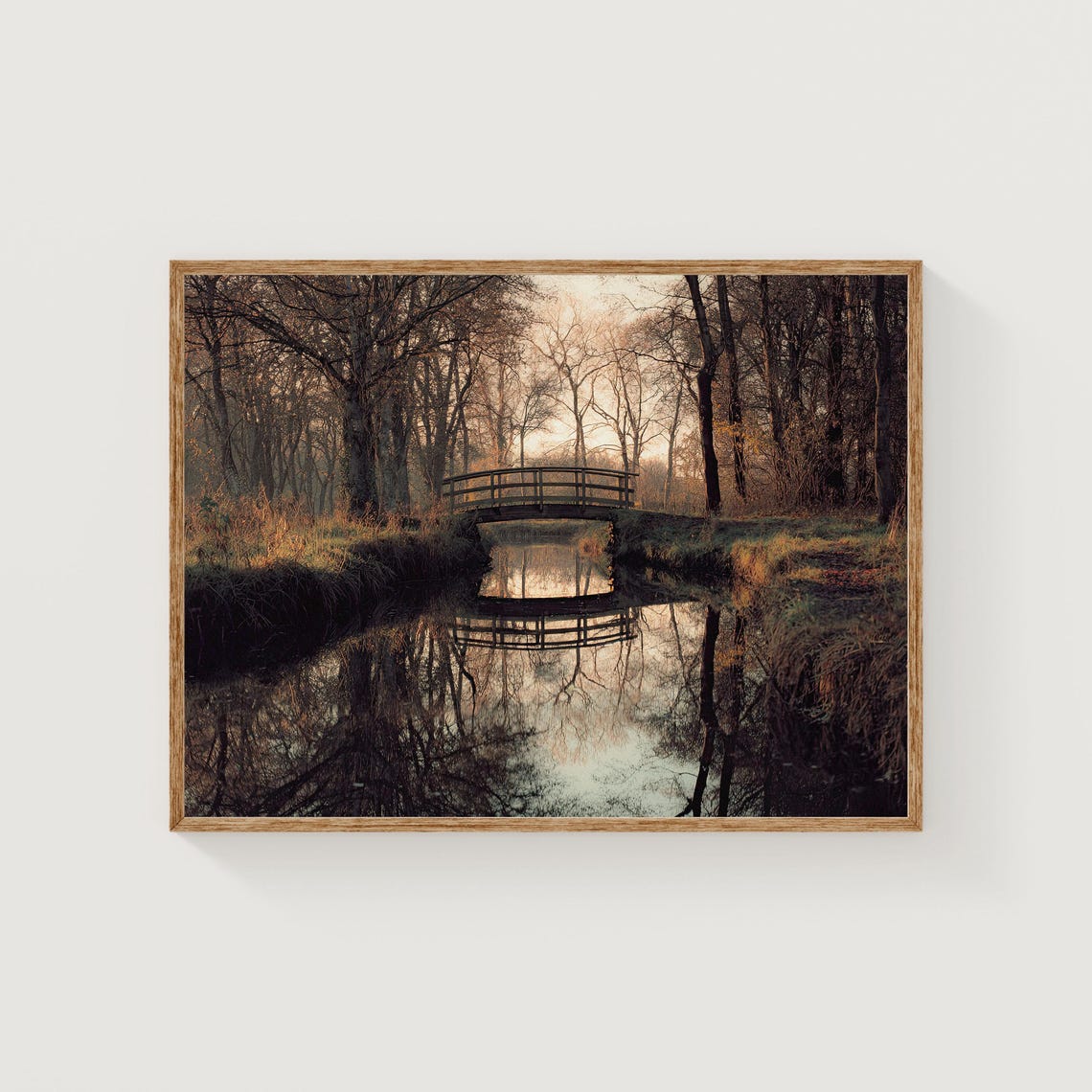 Autumn Landscape Photography Print Wooden Bridge River Reflection