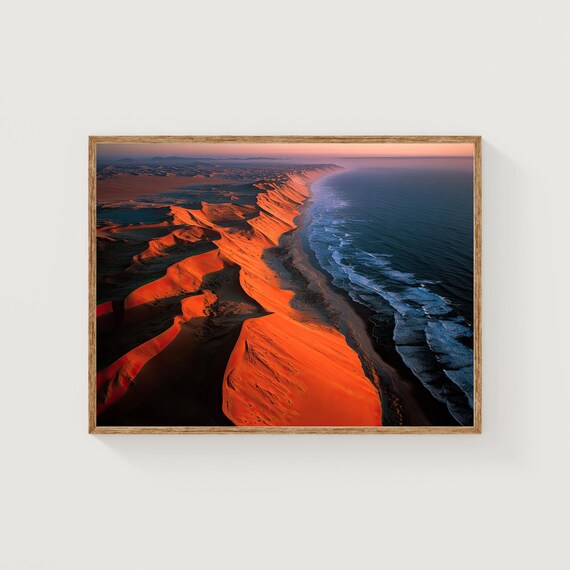 Aerial View Of Red Namib Desert Dunes Meeting The Atlantic Ocean Art Print