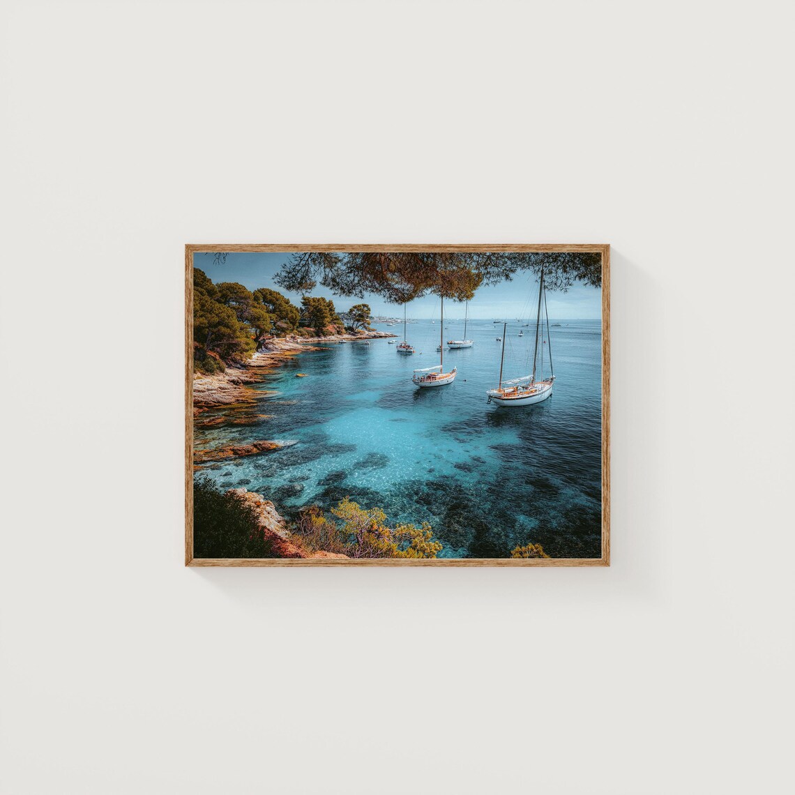 Turquoise Bay Sailboats Rocky Shore Seaside Photography Poster