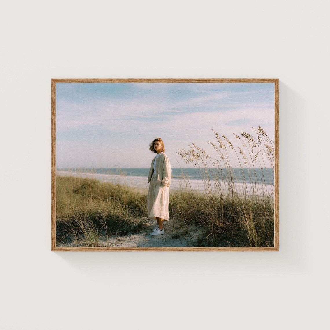Woman Standing in Beach Dunes by the Sea Soft Pastel Film Photography Wall Art