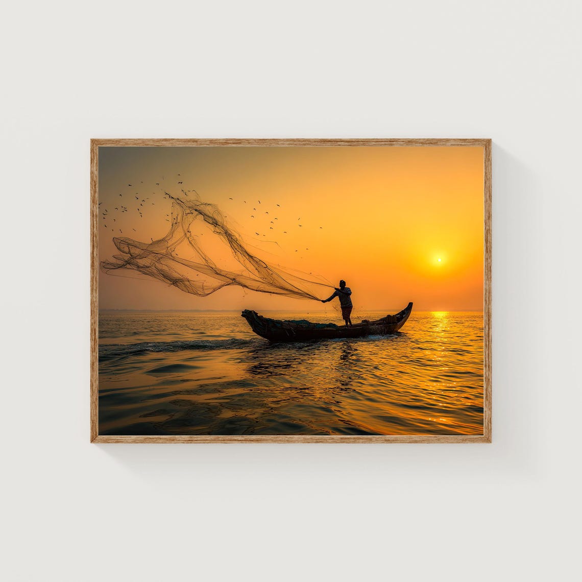 Kerala Fisherman Casting Net Golden Sunset Ocean Photo Wall Art